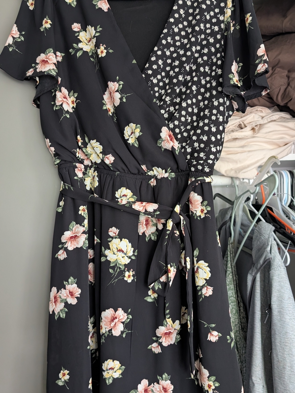 AUW Black Floral Wrap Midi Dress with Pink and Cream Blooms